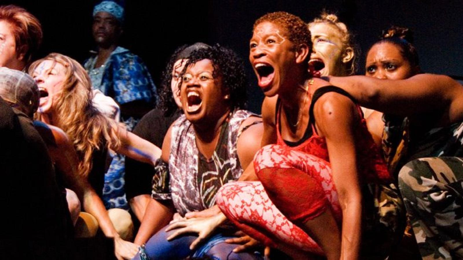 Women shouting Group of actresses shouting at audience