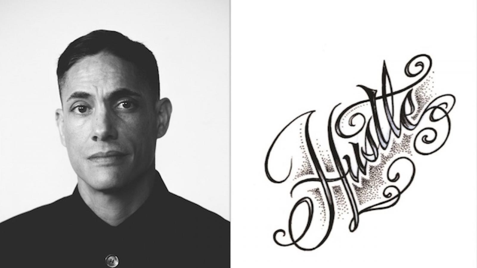 diptych of photo of David Tomas Martinez and cover of his book Hustle