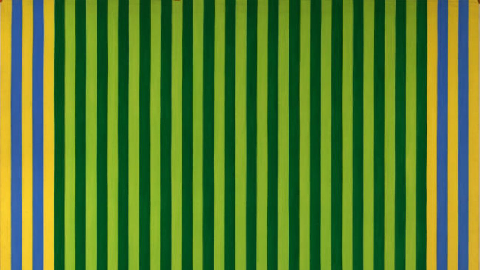 Painting with thick green and orange stripes