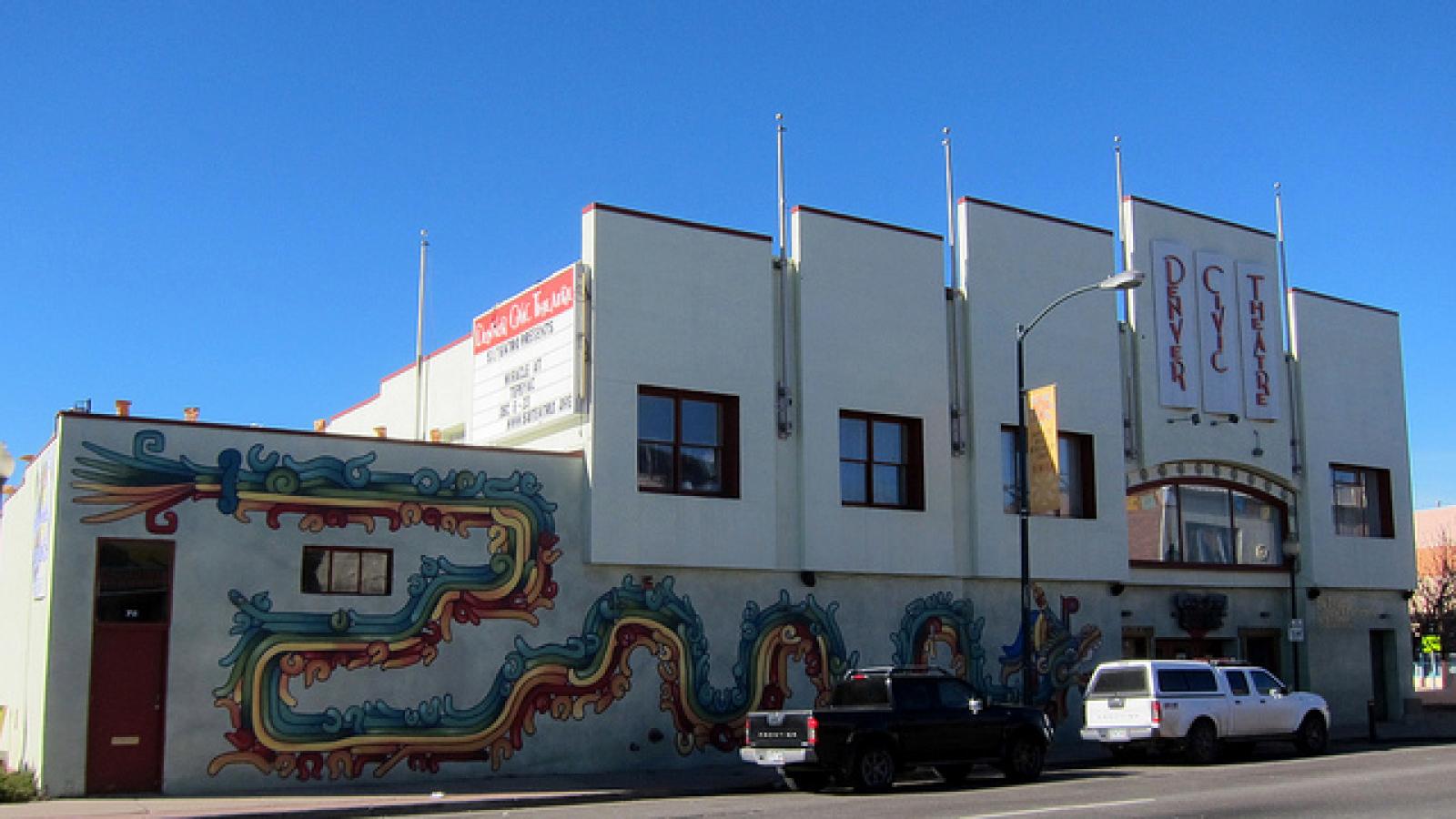 Exterior of the Denver Civic Theatre, with mural