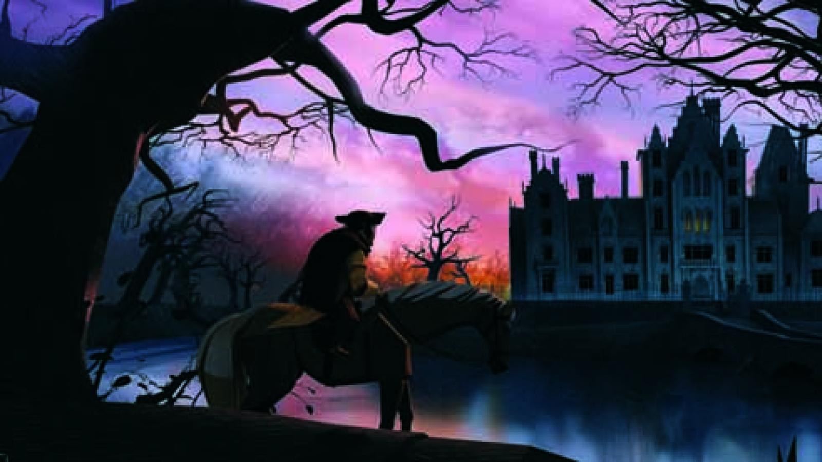 a full-color animated still of a man on a horse looking at a Gothic type house in the distance