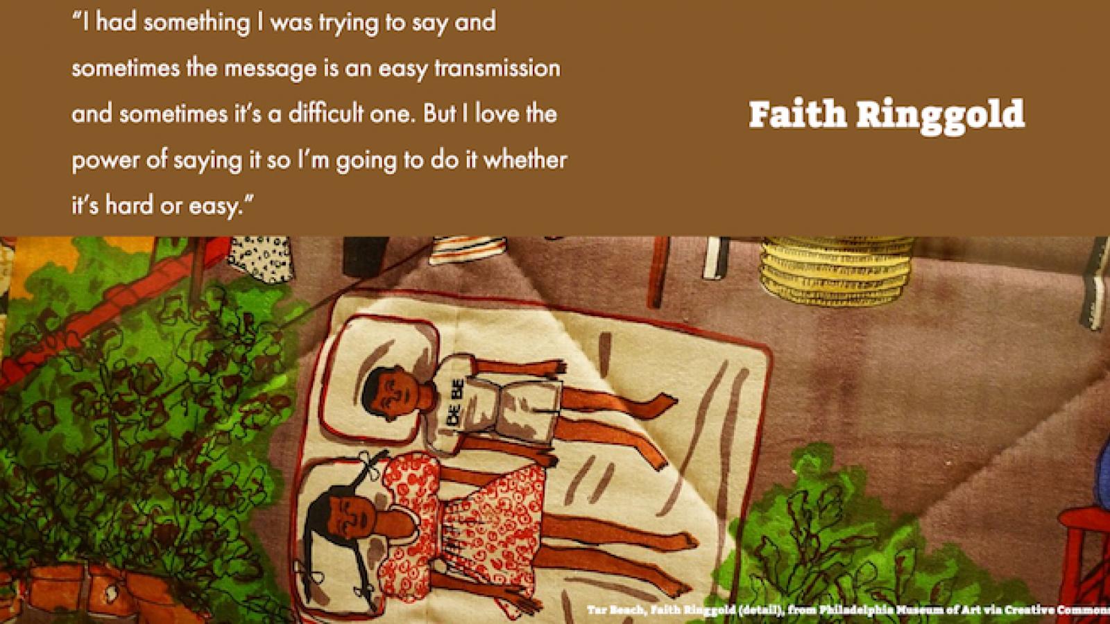 quote with image of detail of Tar Beach story quilt which shows two young African American kids lying on a rooftop with a clothesline in the background and trees in the lower corner of the quilt