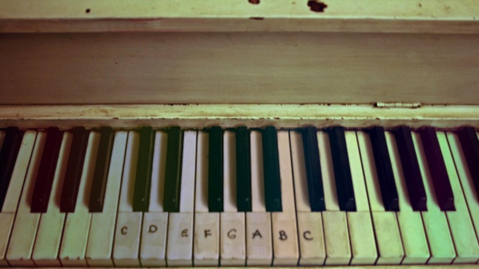 close-up of piano keyboard with white keys labeled C, D, E, F, G, A, B, C