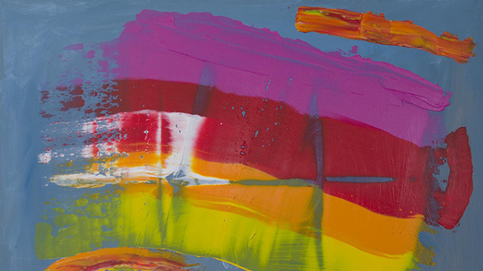 A bright abstract painting made with blue yellow orange red and magenta