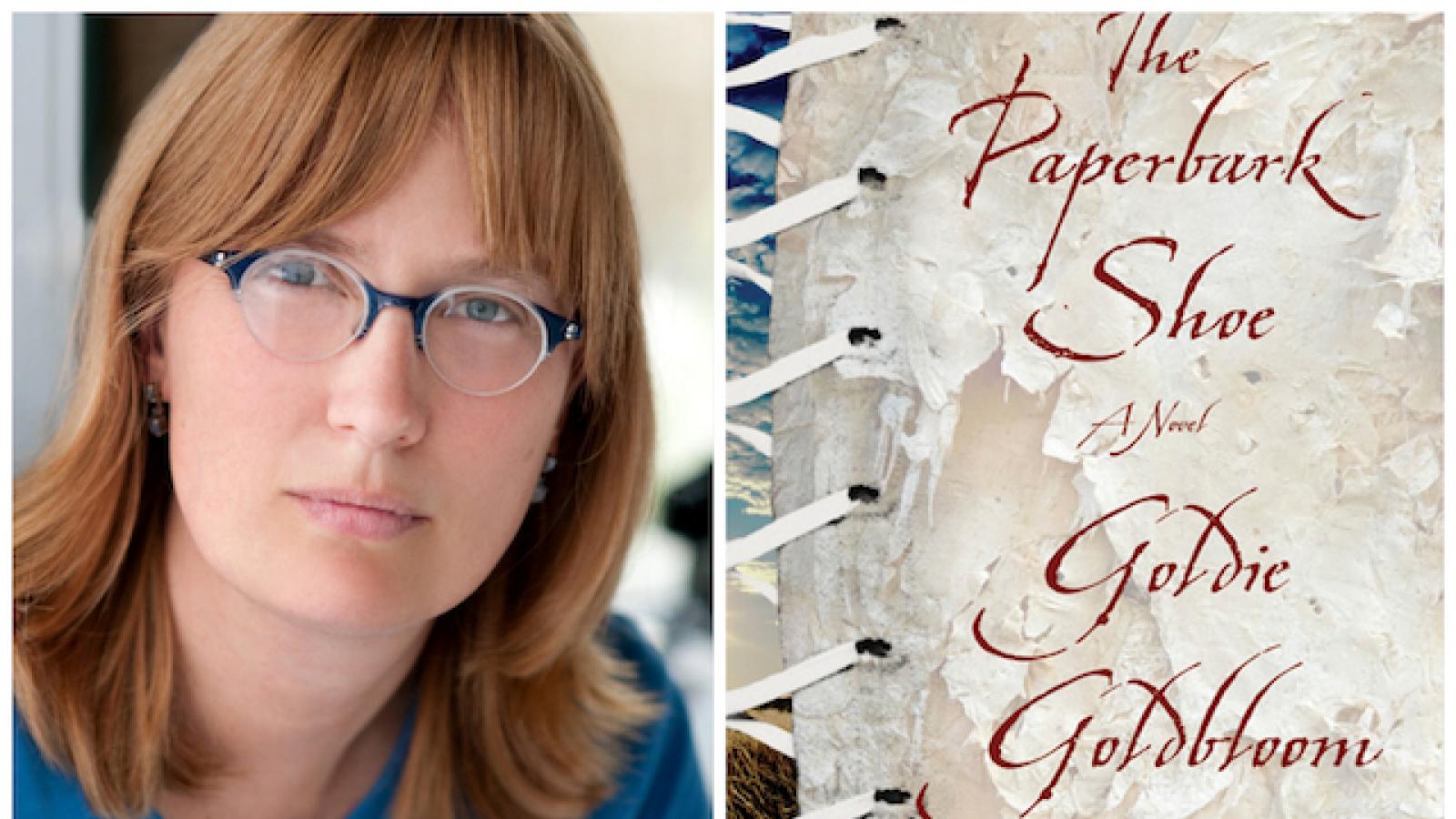 Collage of Goldie Goldbloom's author photo with bookcover of The Paperbark Show