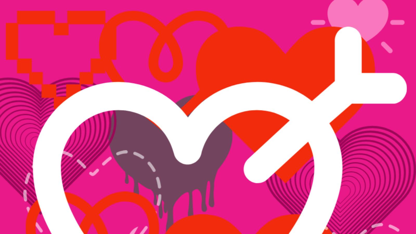a graphic of multicolored hearts all over a dark pink background with one central heart in white