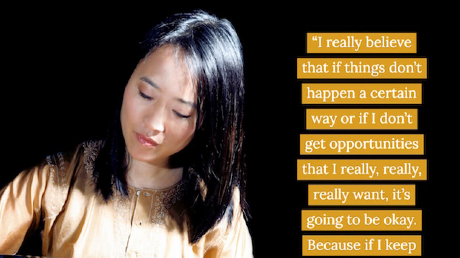 photo of Helen Sung at the piano with her quote