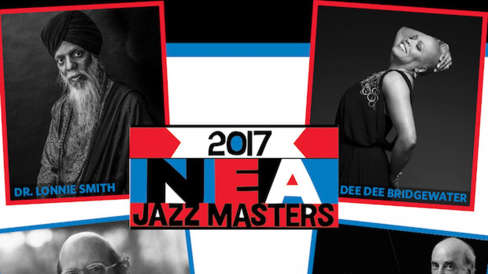 collage of photos of Dee Dee Bridgewater, Dave Holland, Dick Hyman, Dr. Lonnie Smith and Ira Gitler