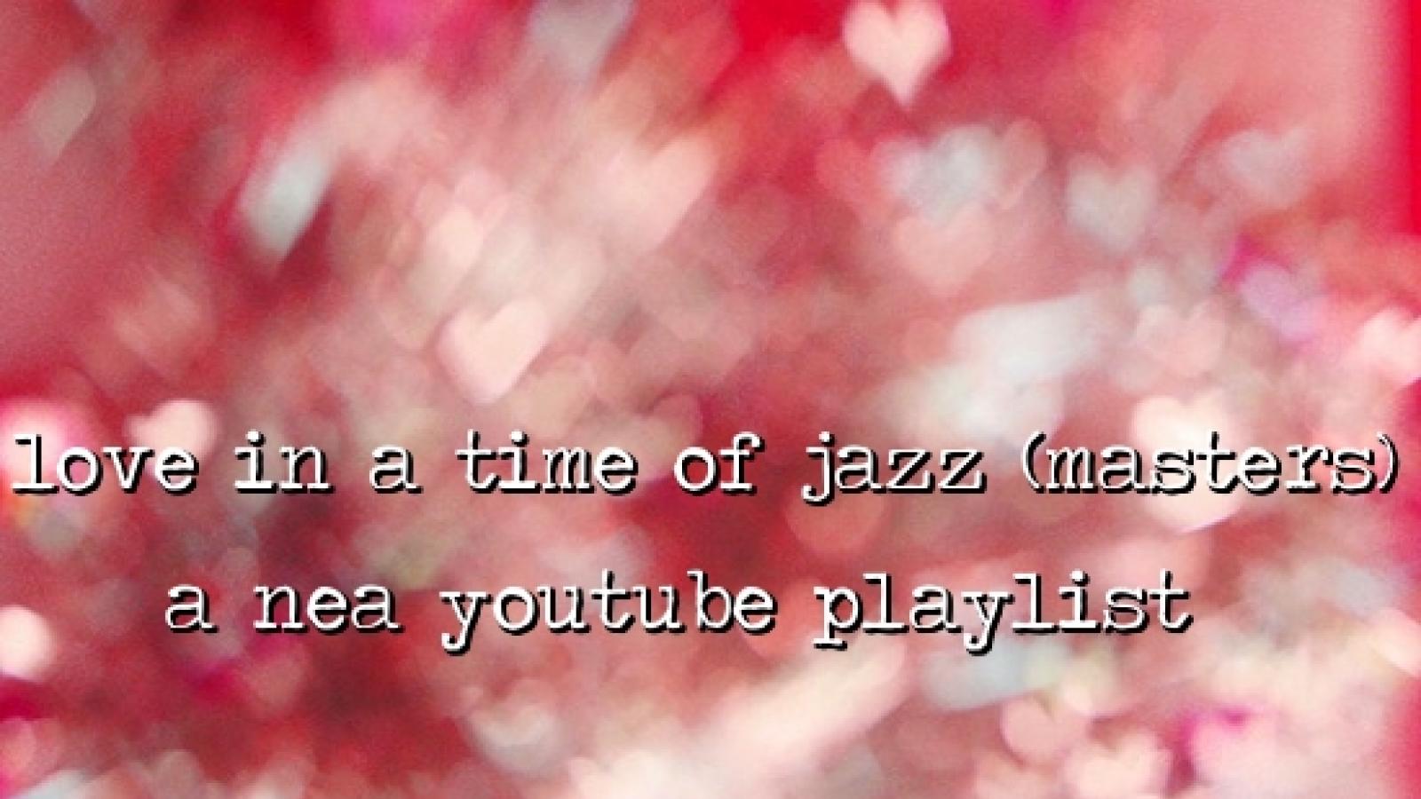 blurred red and white background of hearts with name of playlist written over it