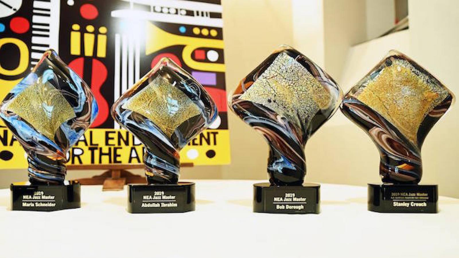 photo of four trophies presented to the 2019 NEA Jazz Masters