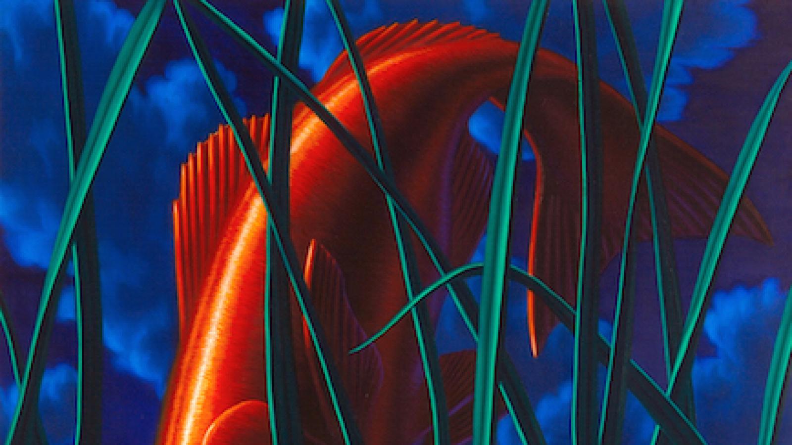 painting of a red fish positioned vertically over a body of water so you also see its reflection
