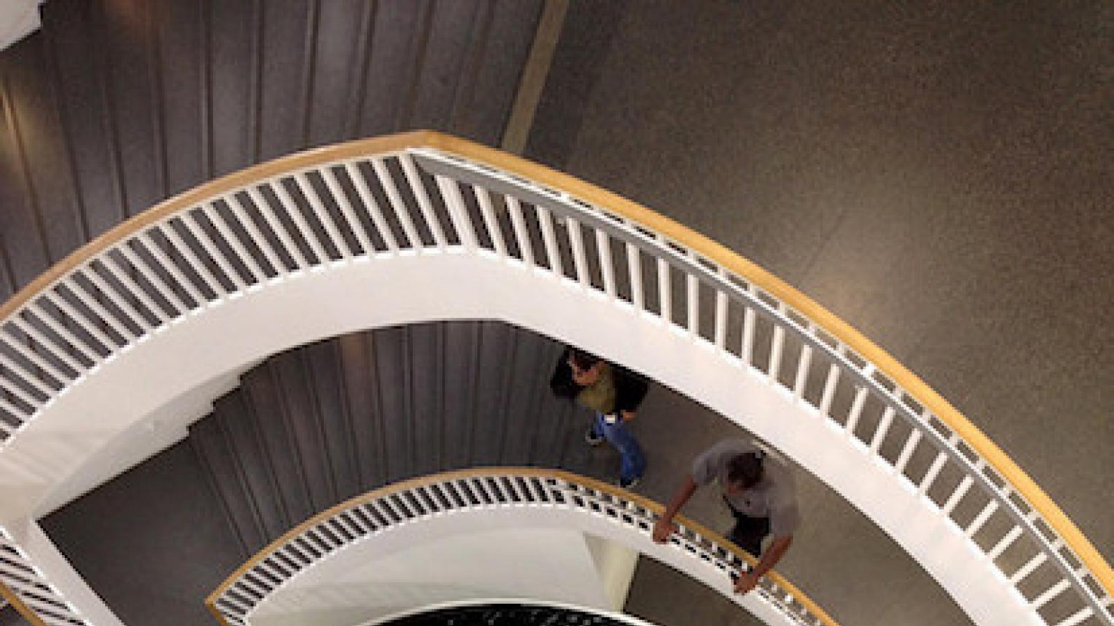 a look down several flights of interior circular stairs at the Museum of Contemporary Art Chicago