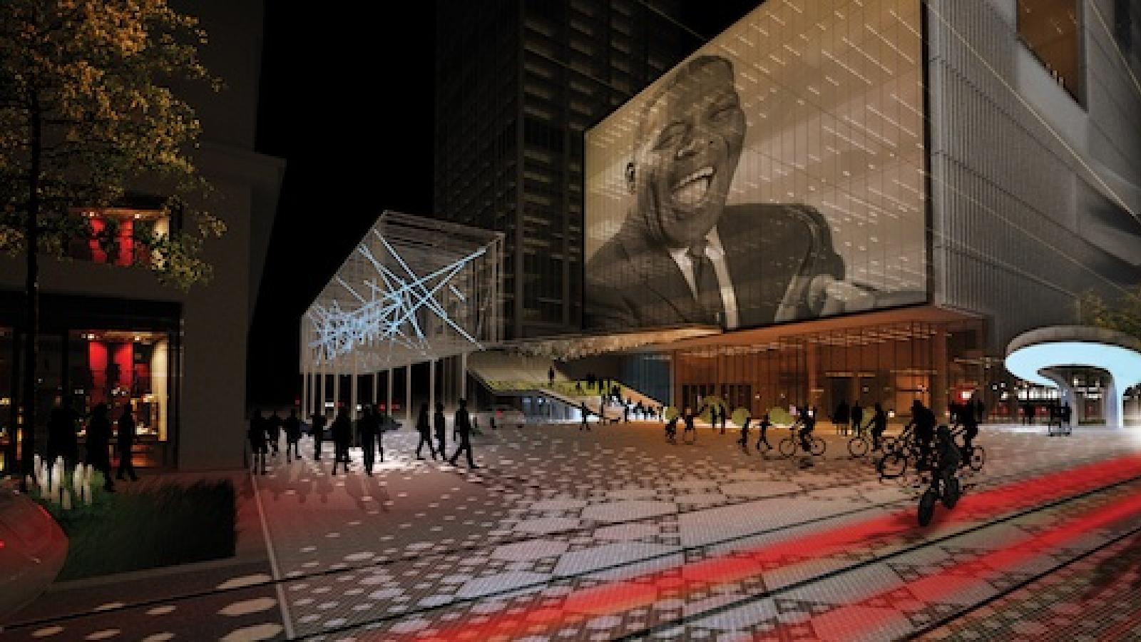An architectural rendering of a creative placemaking project in Little Rock, Arkansas. An architectural drawing showing buildings and features like outdoor screens for project in Little Rock