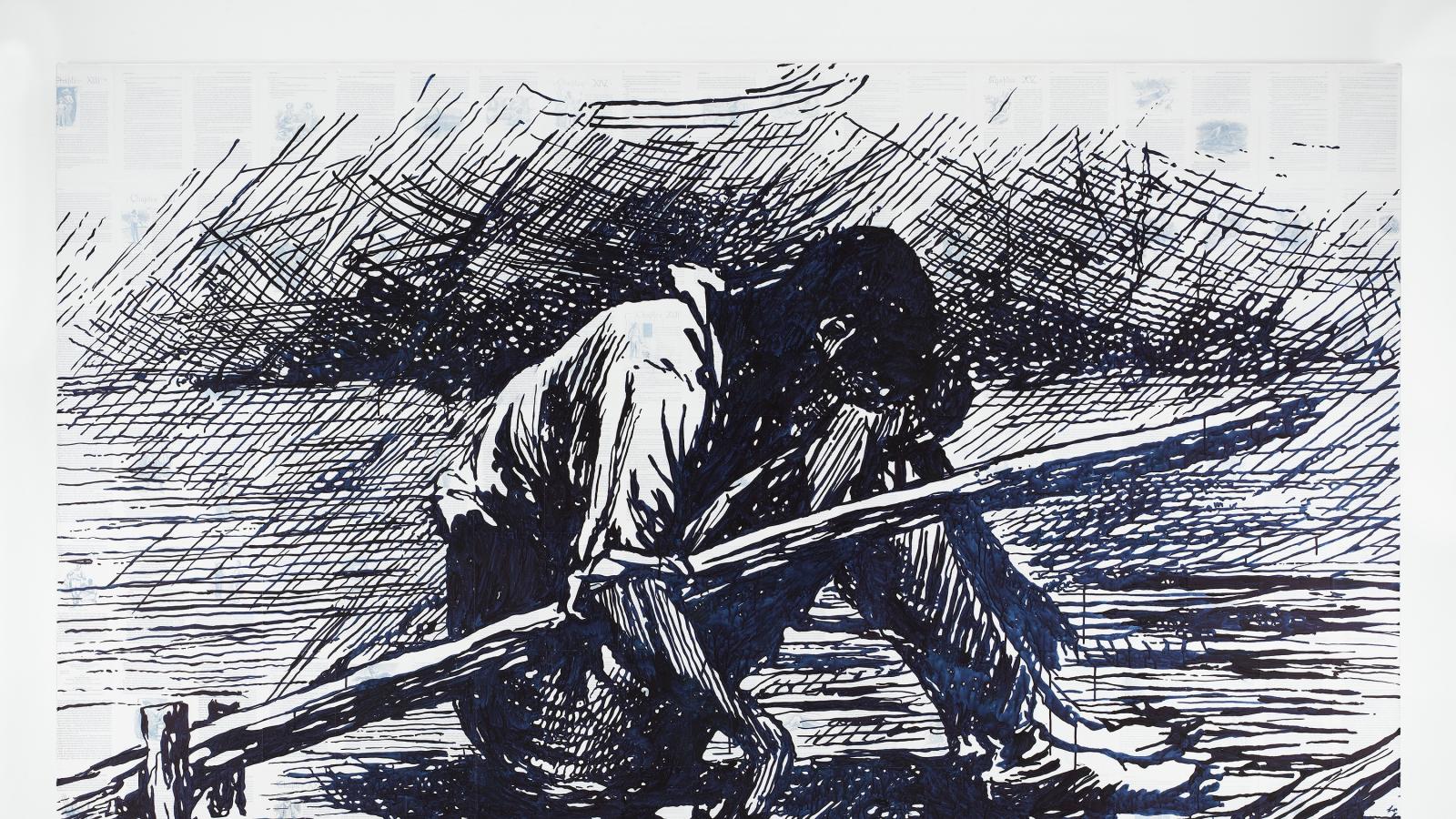 A black and white sketching of a character from Mark Twain's novel. The character is sitting with his head tucked into his legs. 