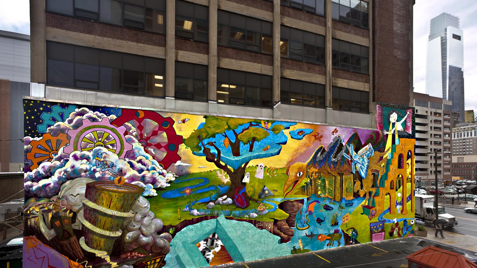 A brightly colored mural on a Philadelphia city wall