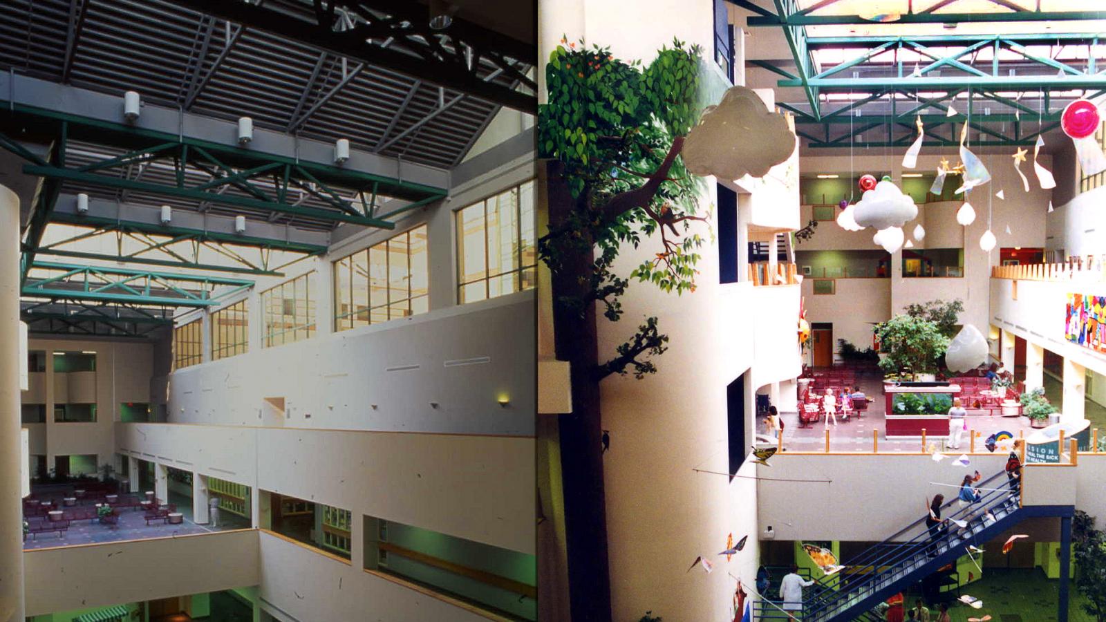 Two photos of a section of the hospital before and after redesign.