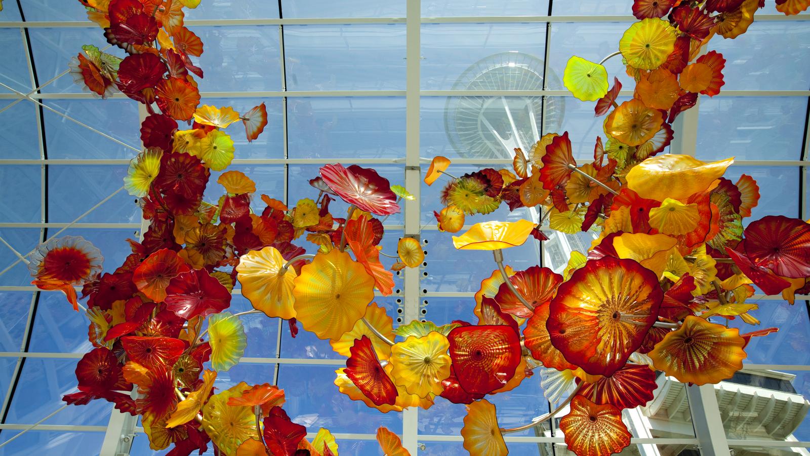 Glass structures hanging from ceiling. 