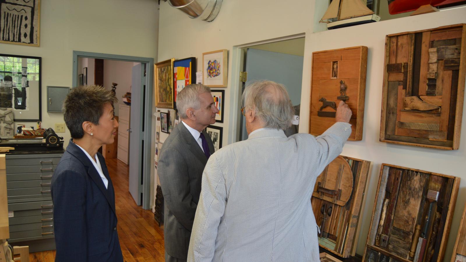 Senator Reed, NEA Chairman Jane Chu, and artist Morris Nathanson, who is showing his work.