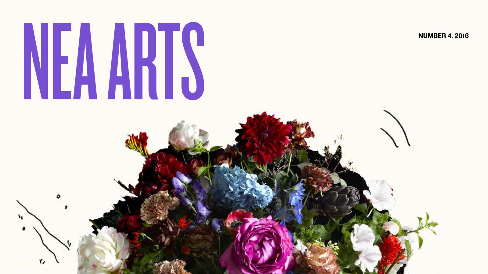 Cover of NEA Arts magazine Magazine cover with bright ball of flowers being pushed uphill by a cartoon man