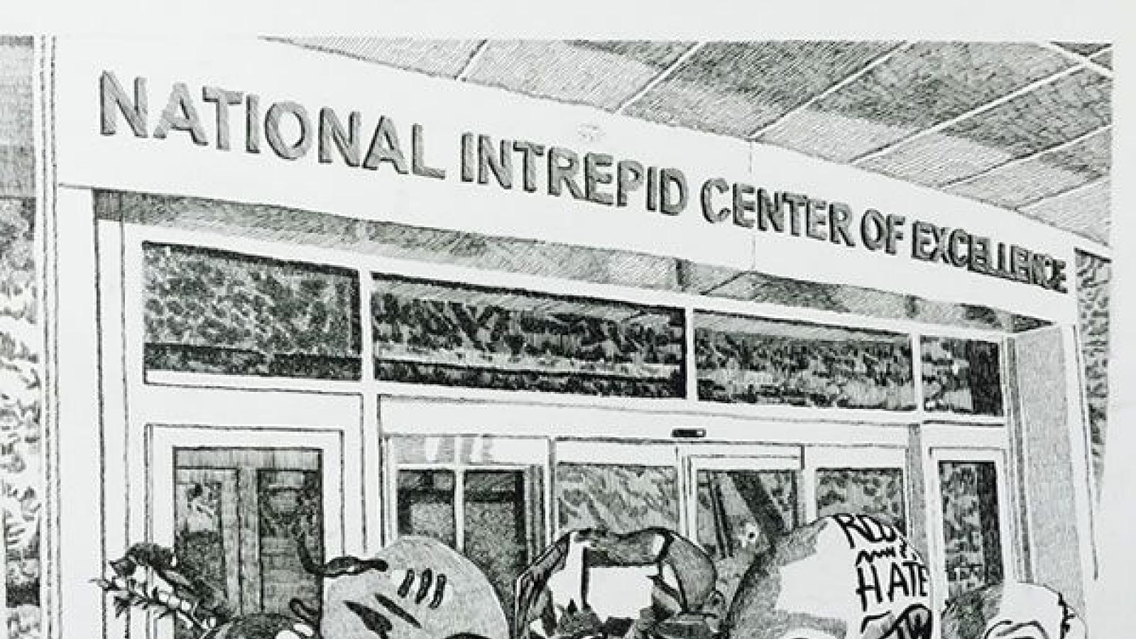 Pencil sketch of the front of the NICOE building with masks drawn in front