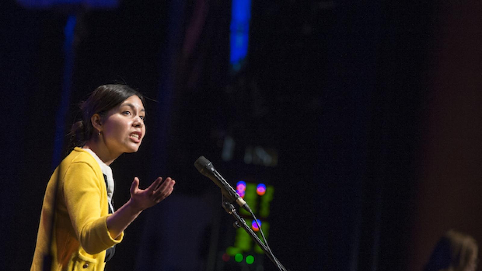 Maeva Ordaz reciting poetry at the Poetry Out Loud National Finals