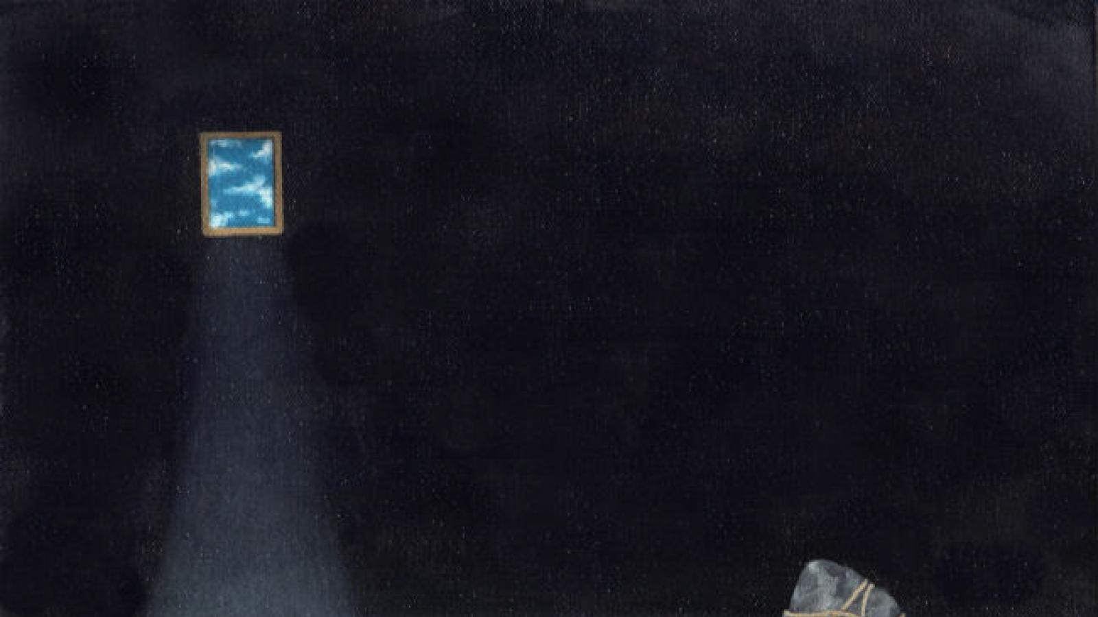 Painting of a fallen dove tied to a rock