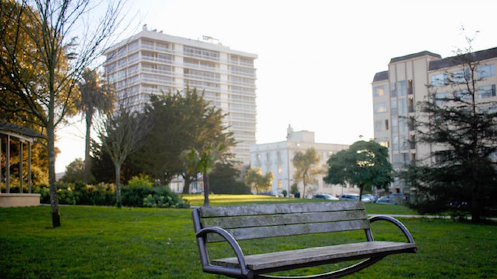 empty brown wooden bench at park