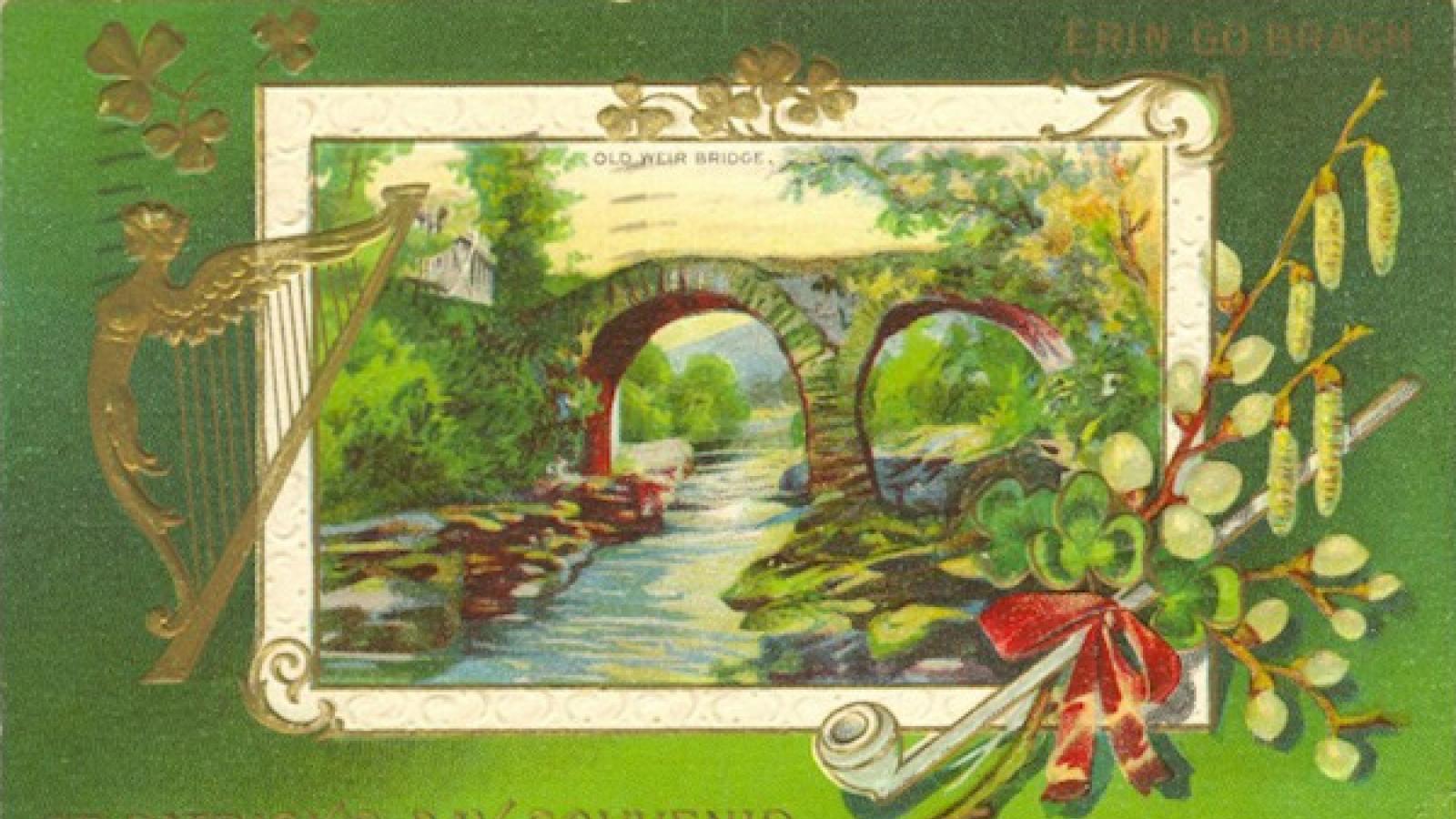 1912 St. Patrick's Day souvenir postcard featuring drawing of a bridge on a green background with floral embellishments