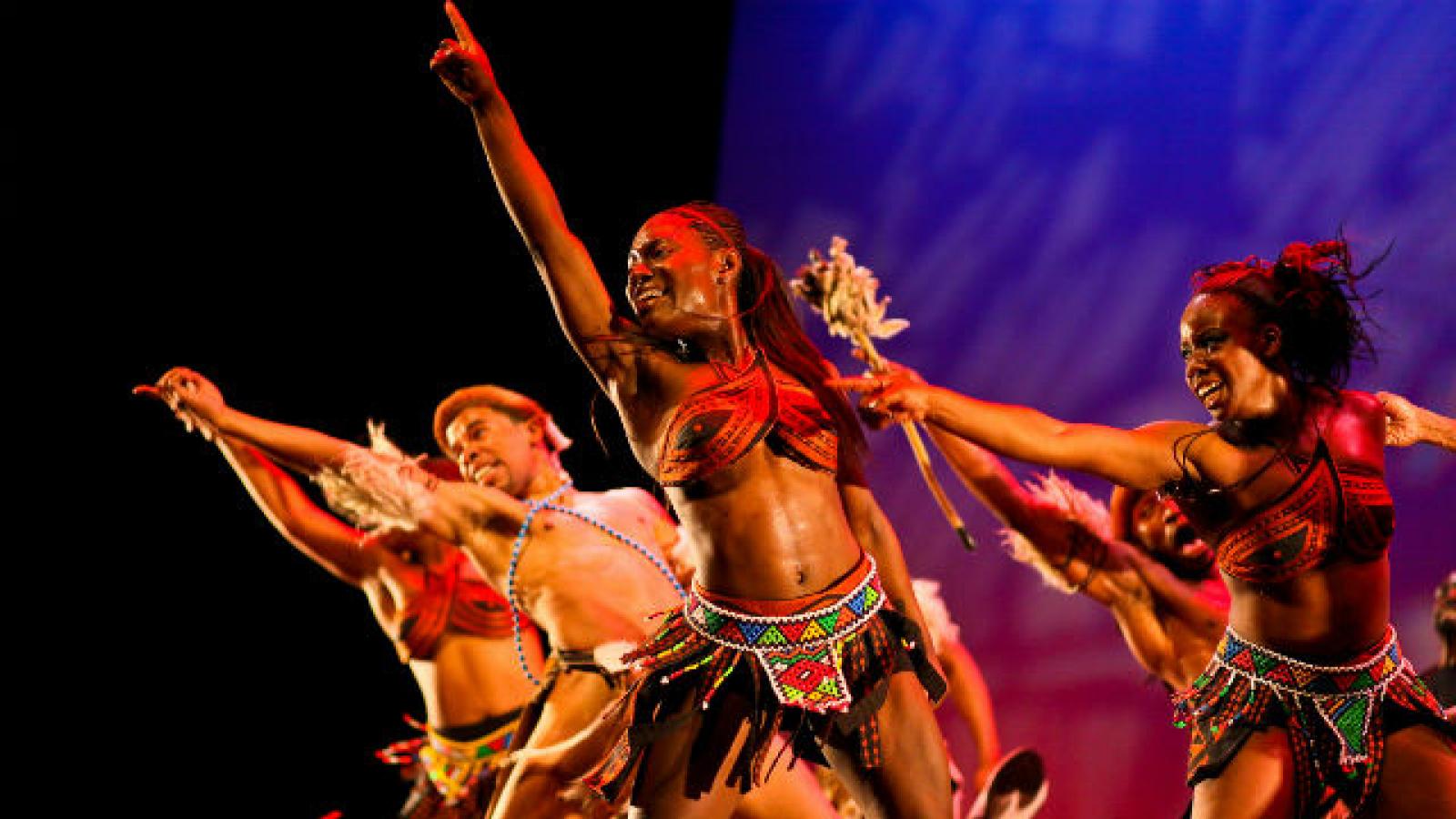 Step dancers performing traditional Zulu dance