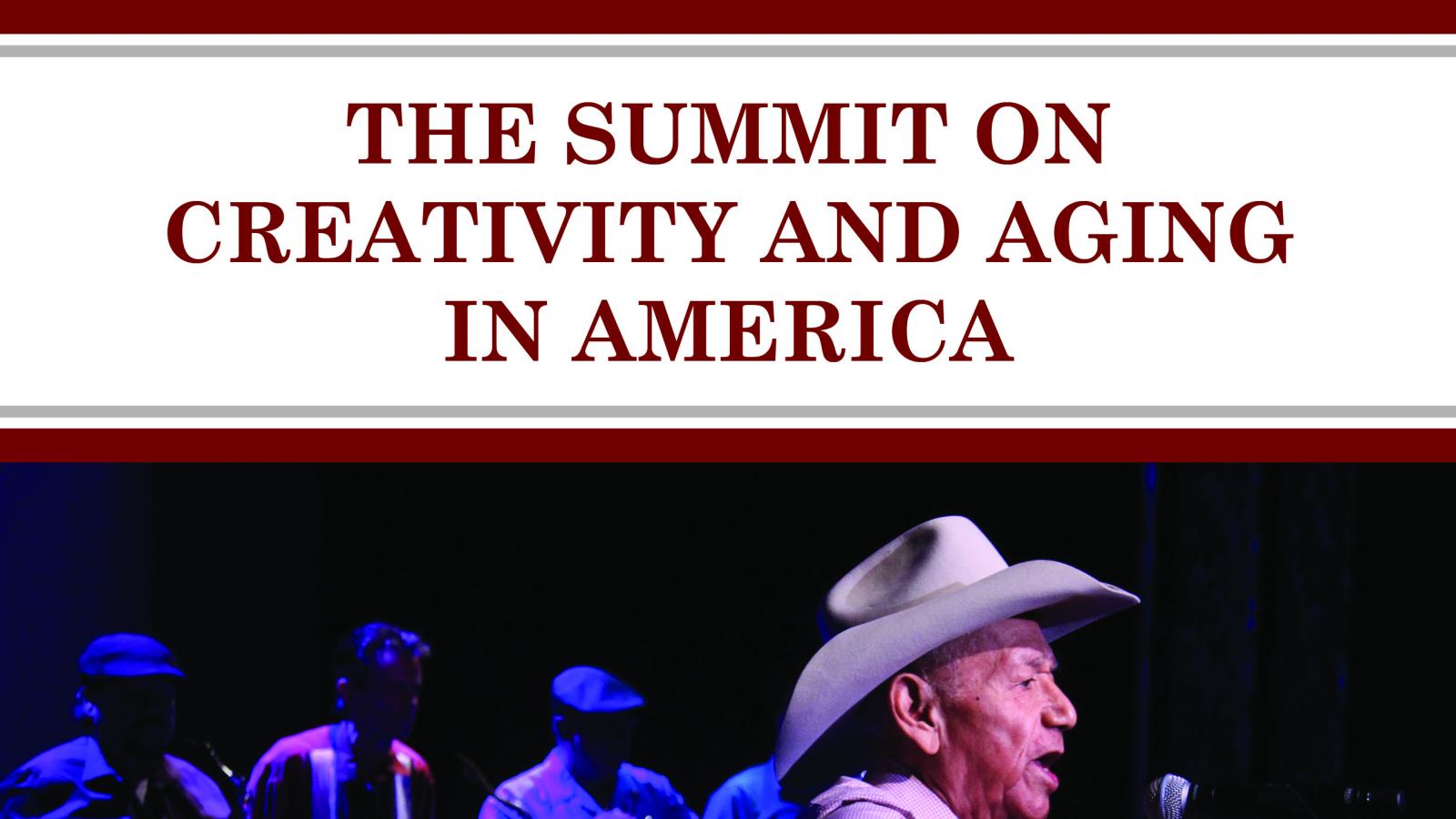 Cover of the report The Summit on Creativity and Aging Cover of a research report, an image of an older man on stage playing guitar.