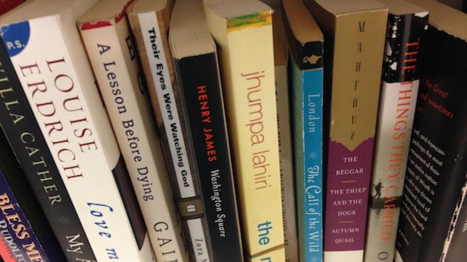 Photo of a shelf full of books displayed with their spines vertically aligned