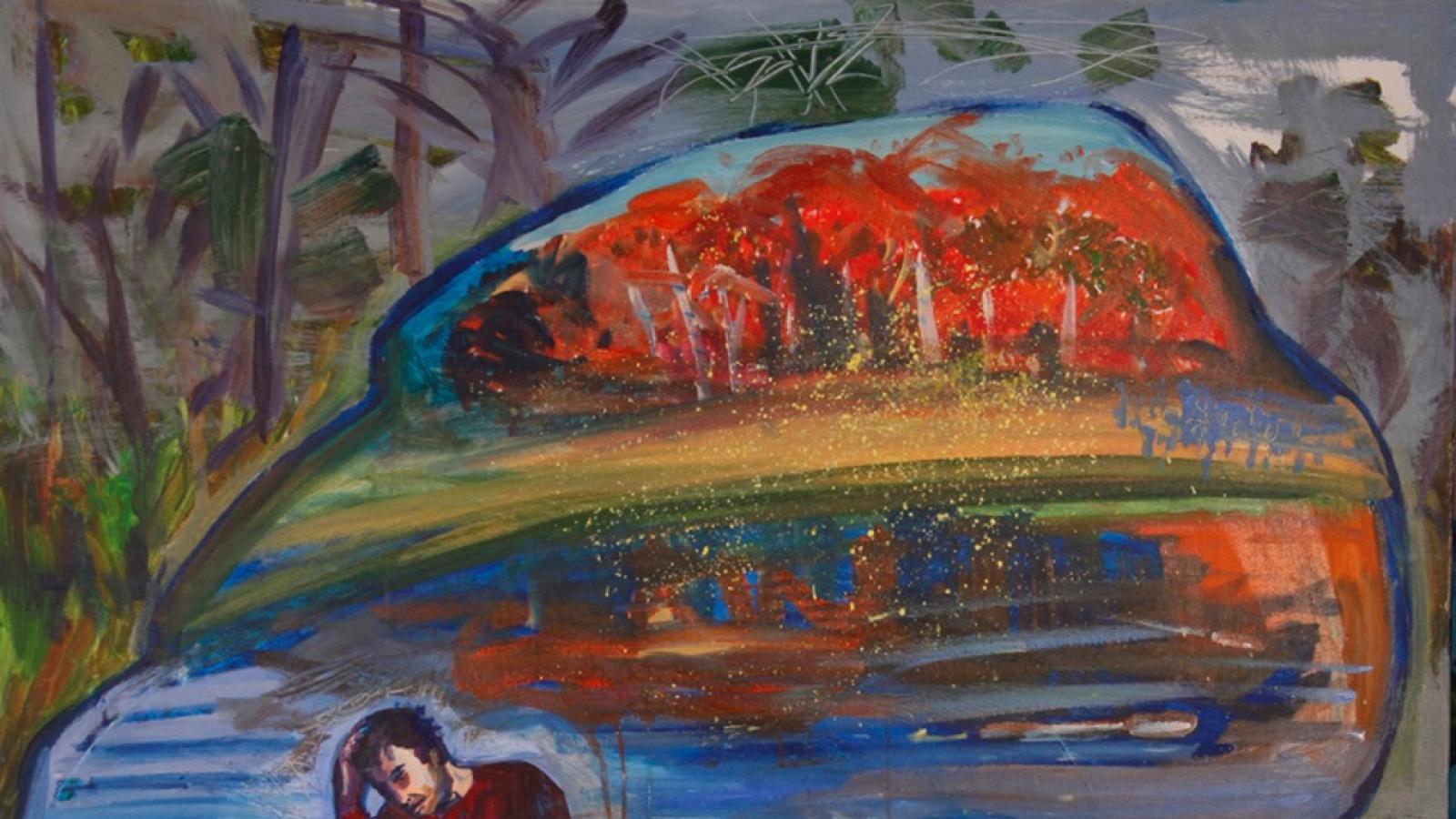 Painting of a tired veteran imagining a sad young man in a boat on a river.
