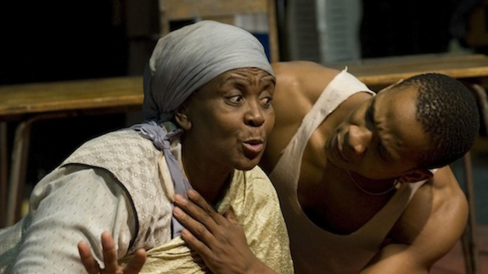 Thoko Ntshinge and Bongile Mantsai in character for "Mies Julie"