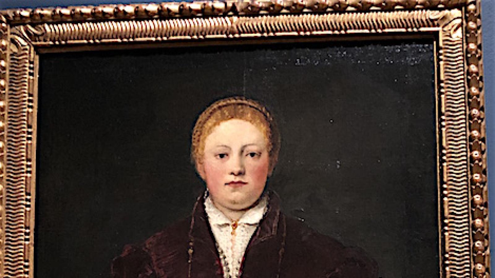 oil painting by Tintoretto of a woman wearing rich looking dark red garments