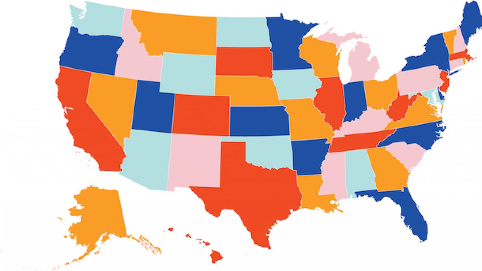 a map of the United States of America with the different states and DC distinguished by different colors