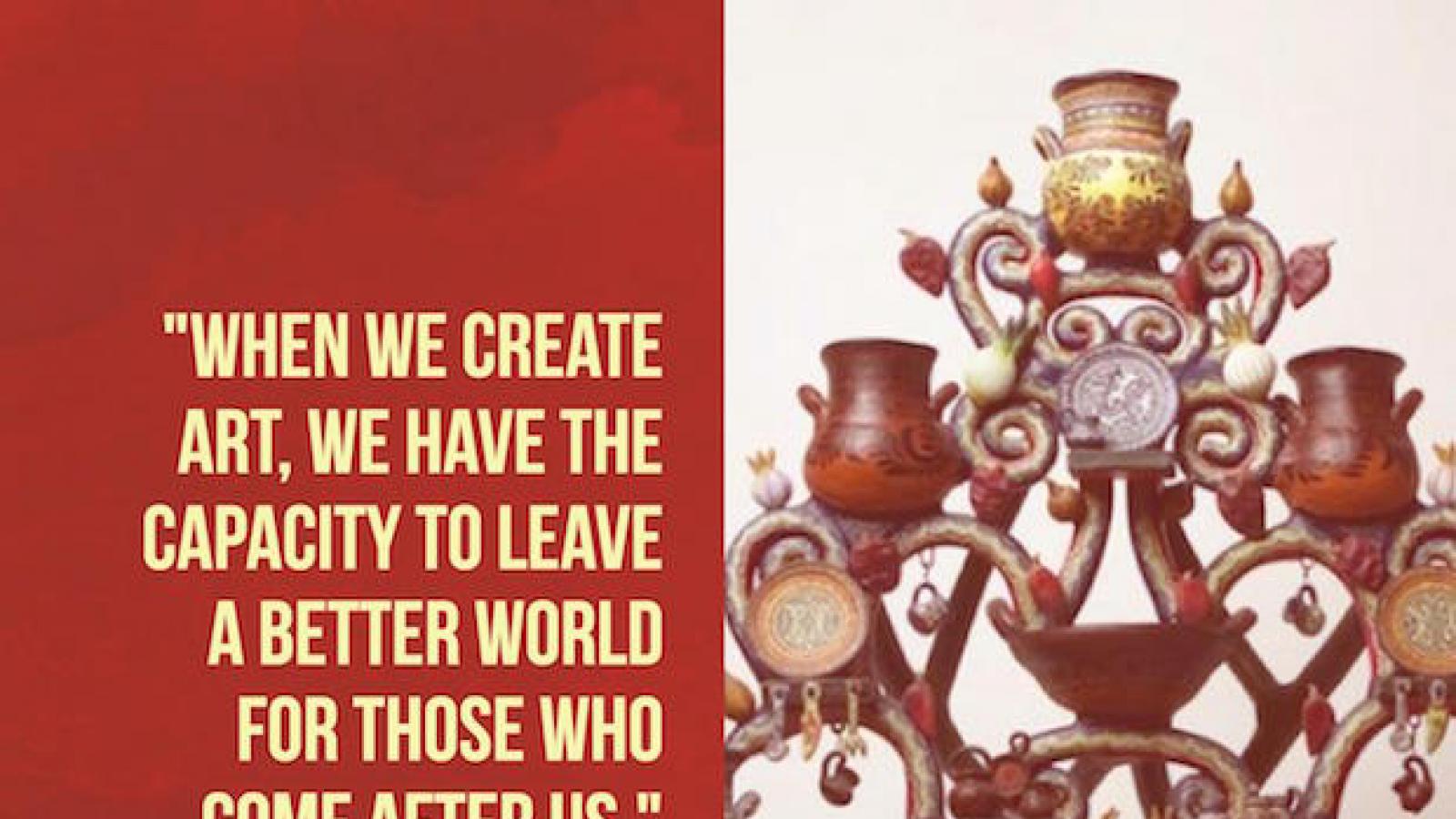 picture of tree of life art work by Veronica Castillo with quote When we create art, we have the capacity to leave a better world for those who come after us