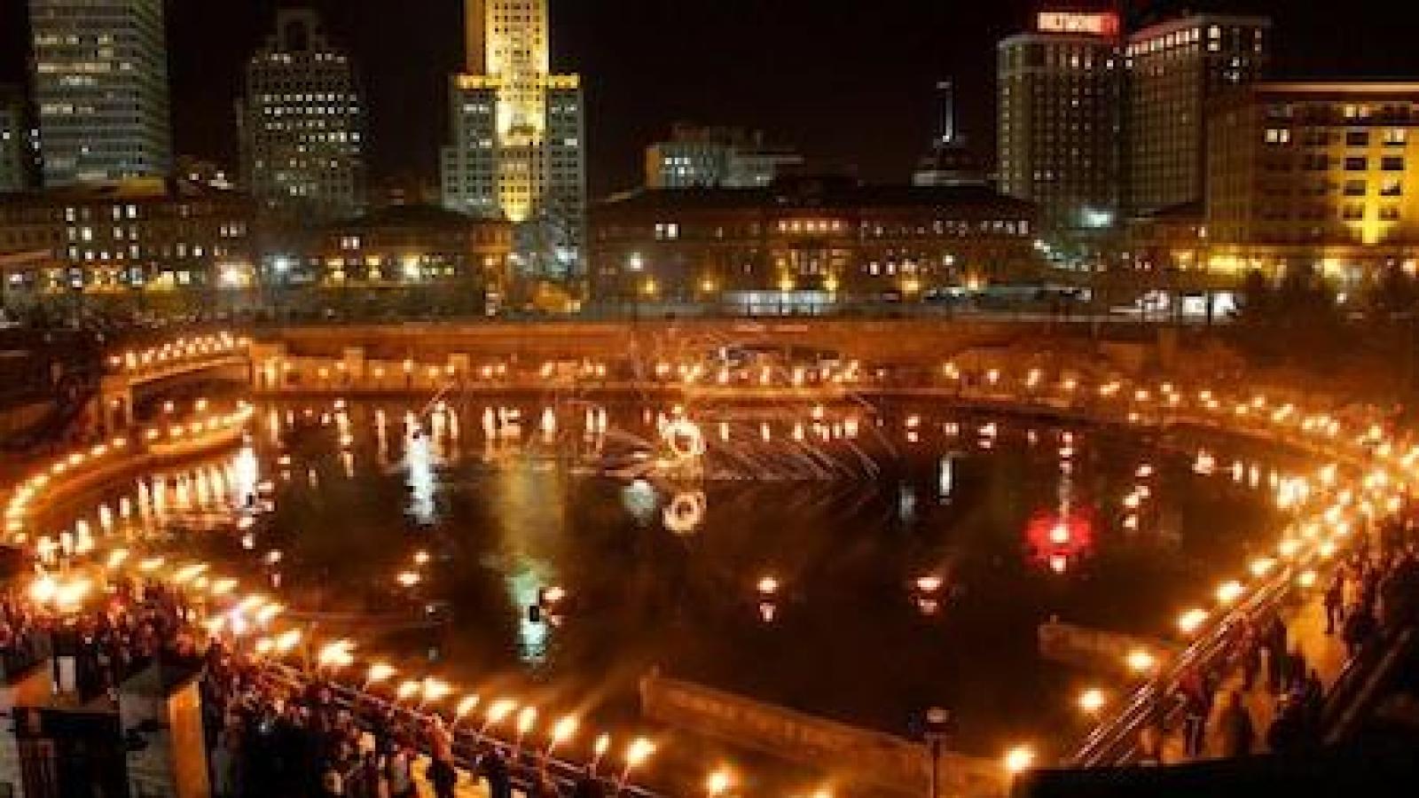 night photo of Waterfire festival