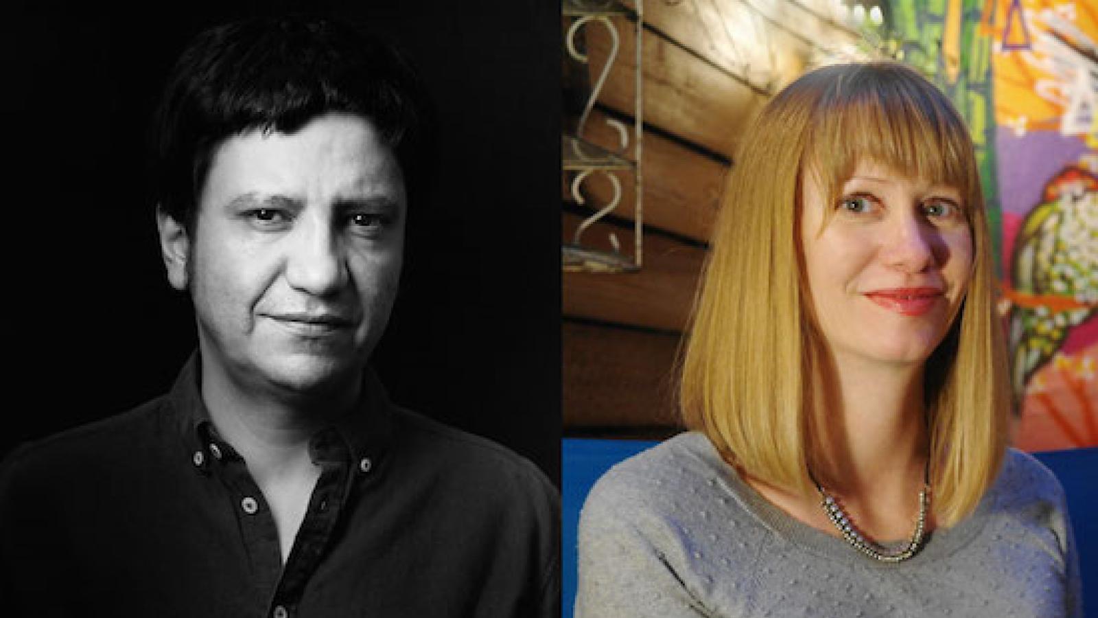 diptych of author photos of Alejandro Zambra and Megan McDowell