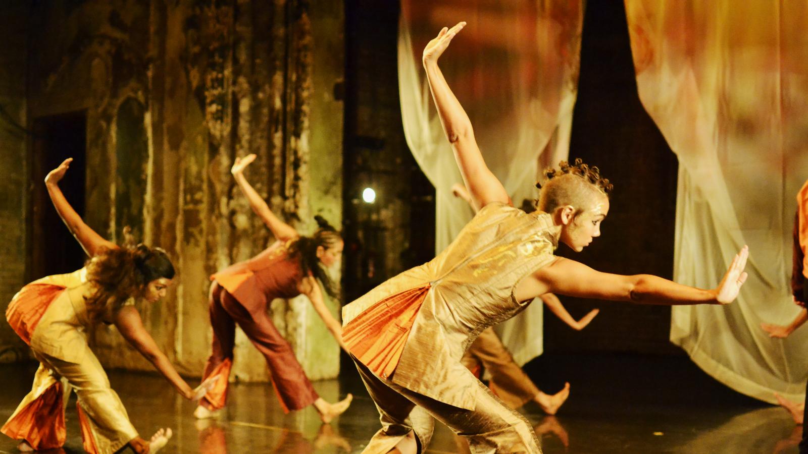 Group of female dancers posed on stage.