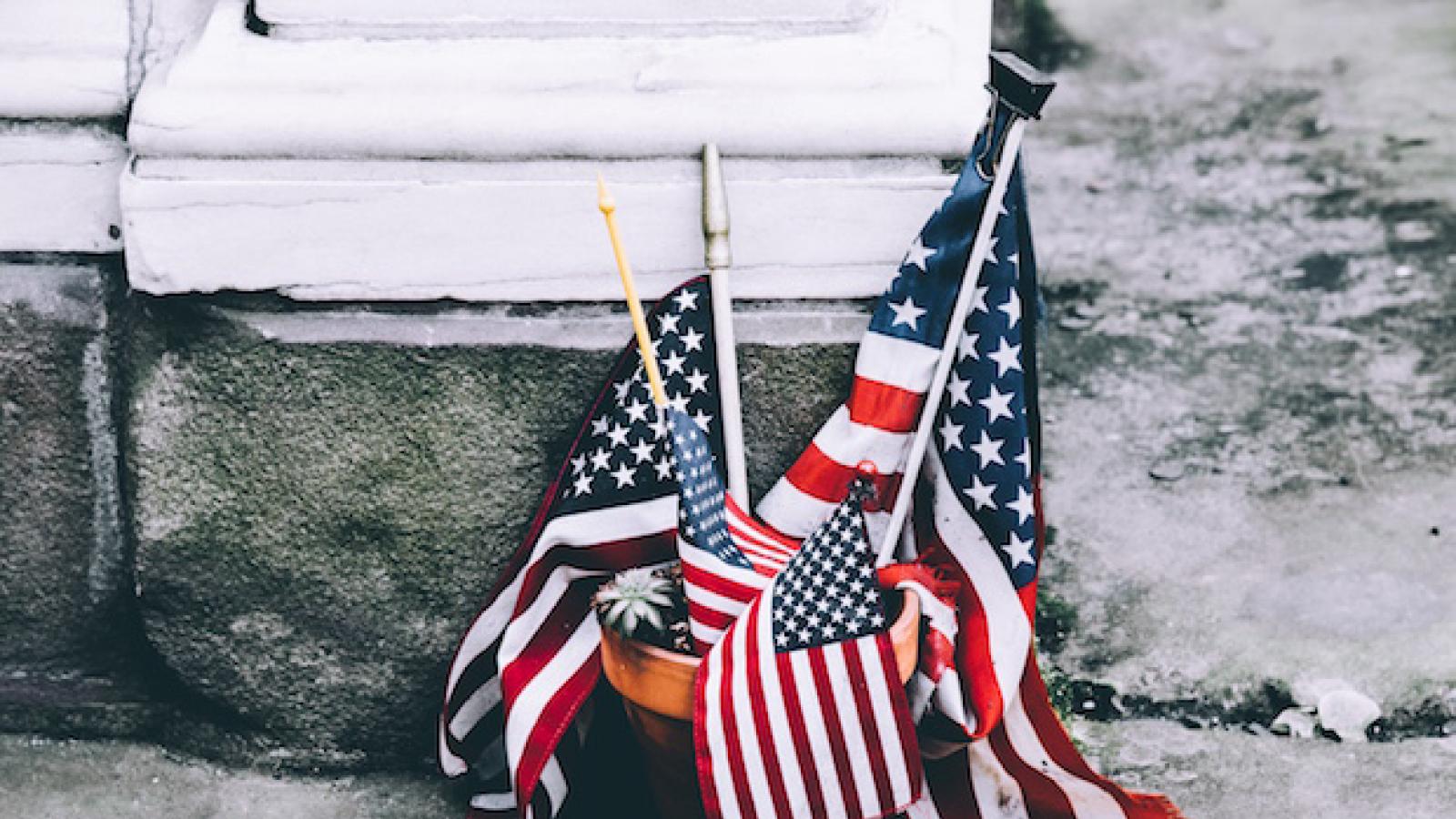 several small U.S. flags in a flower pot