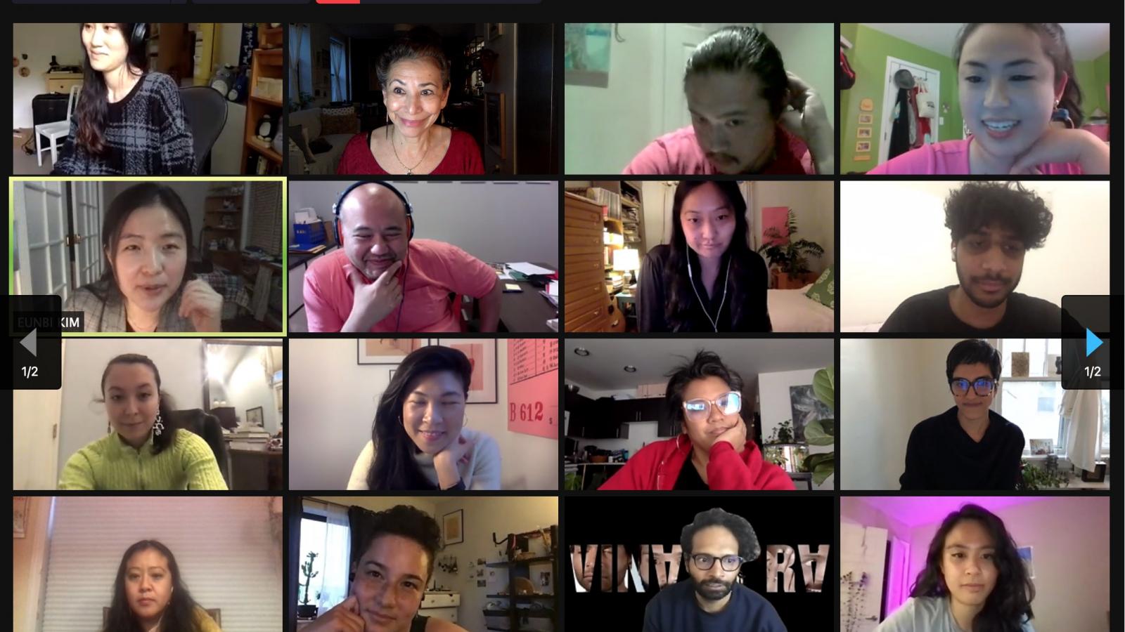 A screen shot of a digital meeting with boxes of faces.