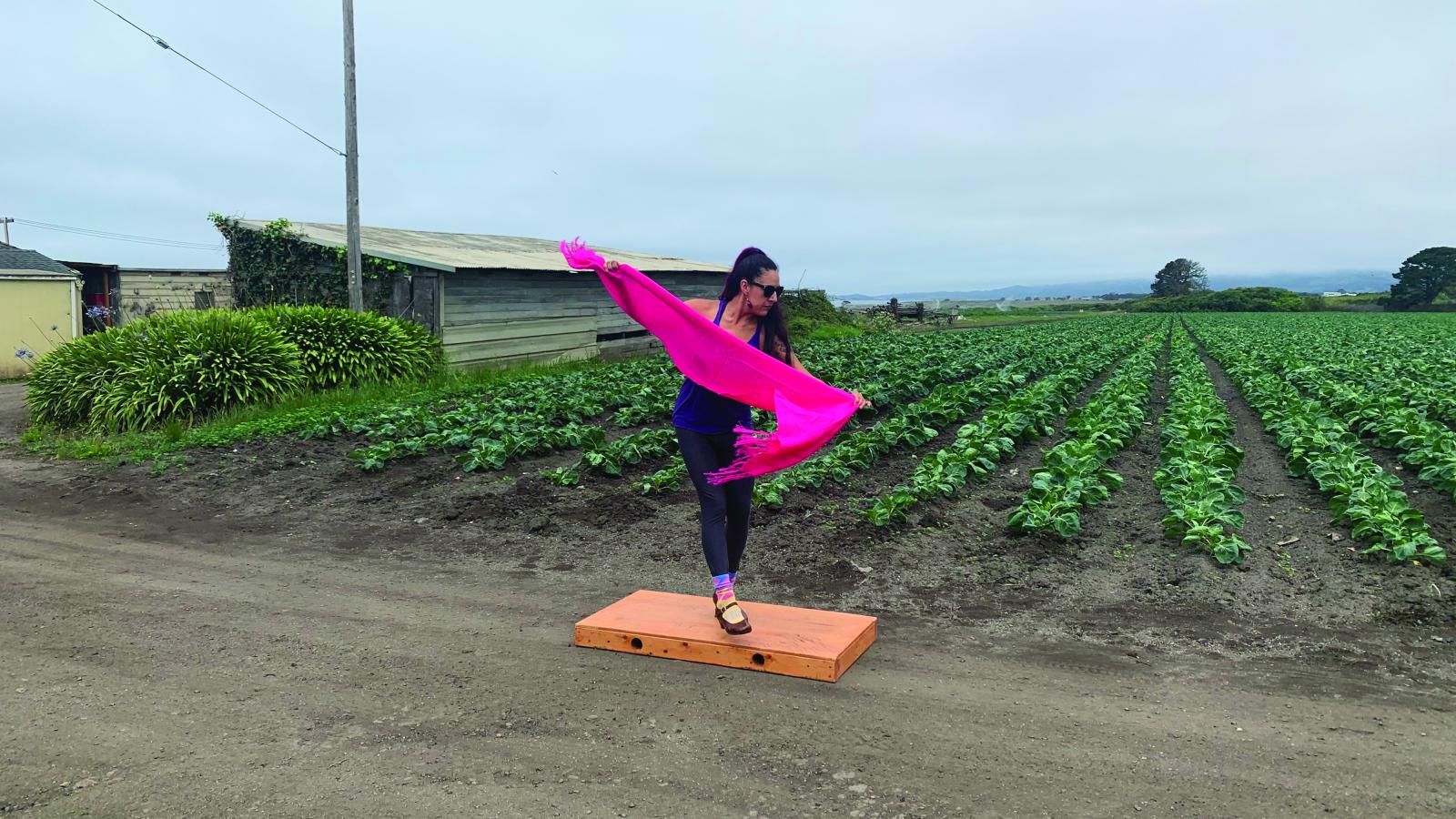 Woman with long dark hair wearing sunglasses dancing on a box with long orange scarf near a field of produce. 