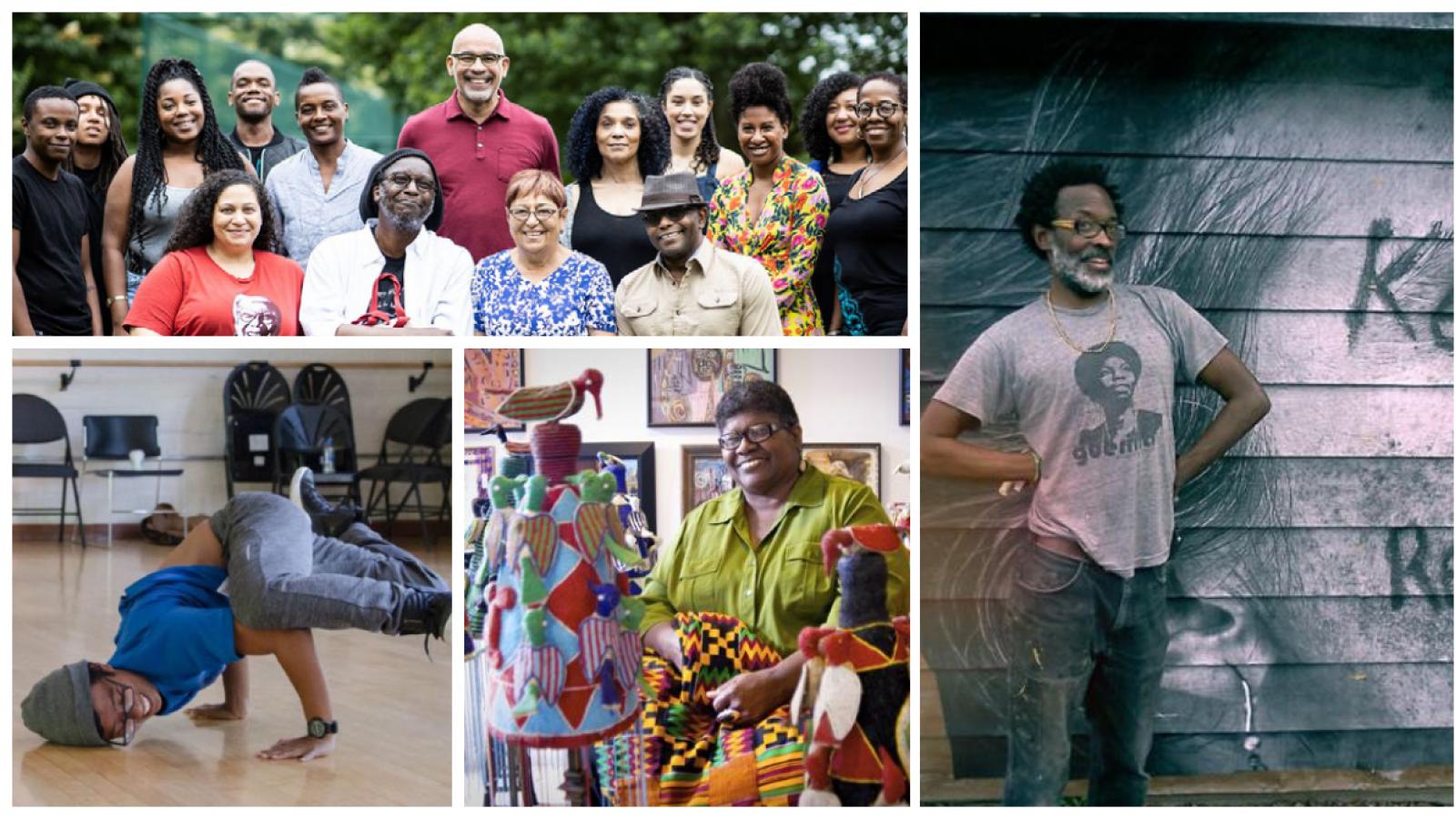 a collage of images including a group picture of Cave Canem fellows, Jetsonorama posing with his wheat paste Carolyn Mazloomi showing off her quilts, and a young child doing a headspin