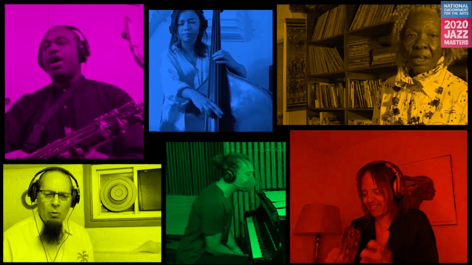 2020 Jazz Masters tribute concert A screen shot shows different musicians occupying different brightly colored squares as they perform