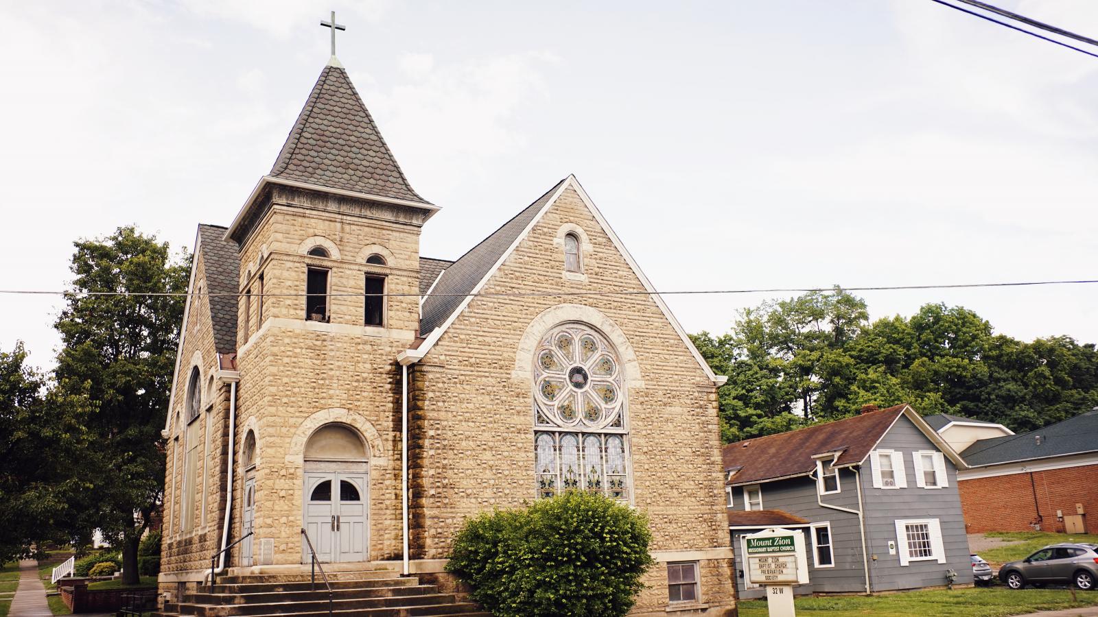 The outside of a church. 