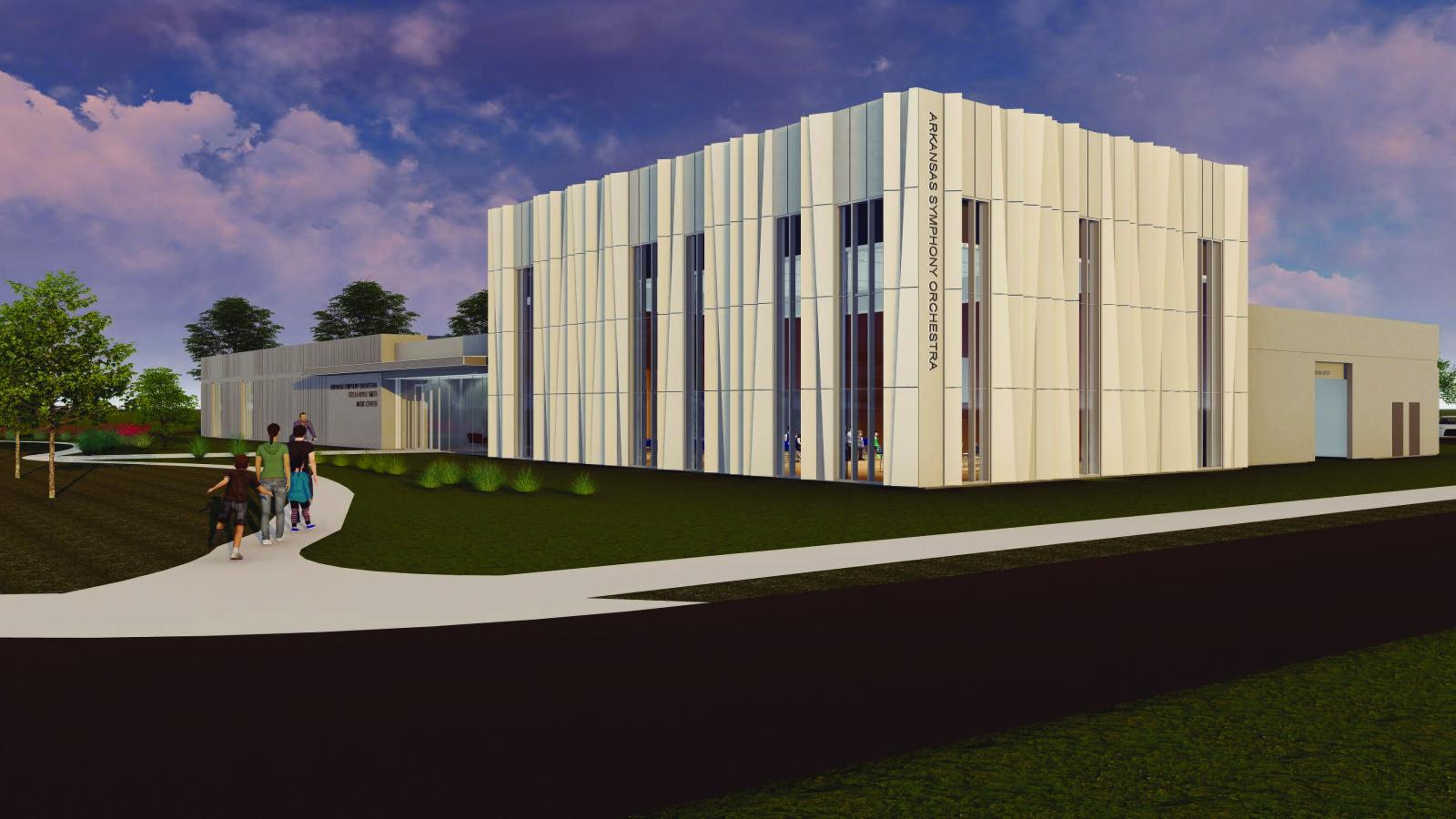 An illustration showing the exterior of a large beige building with the words “Arkansas Symphony Orchestra” written down one side of it.