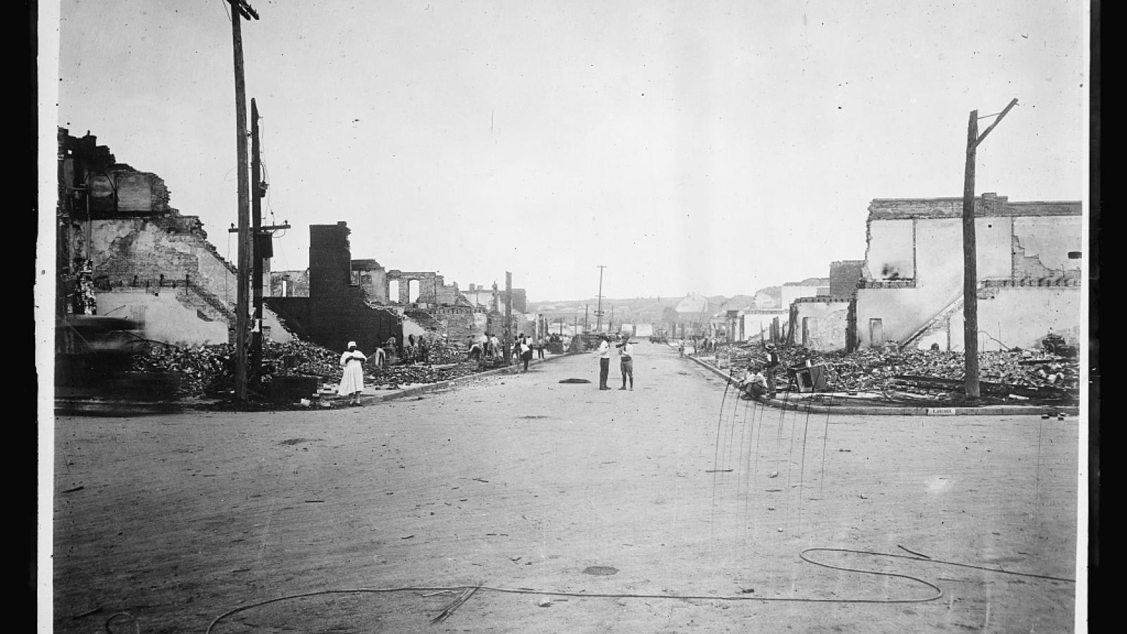 Historic photo of buildings burned down or bombed in Tulsa. 