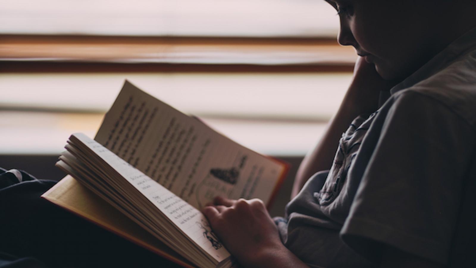 a young child sitting in a window reading a book