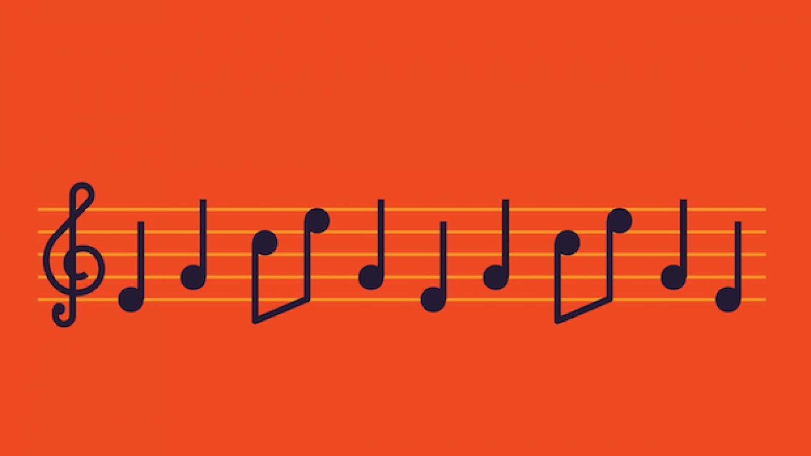 a measure of musical notation in the trebel cleff black notes on a yellow staff against a red orange background