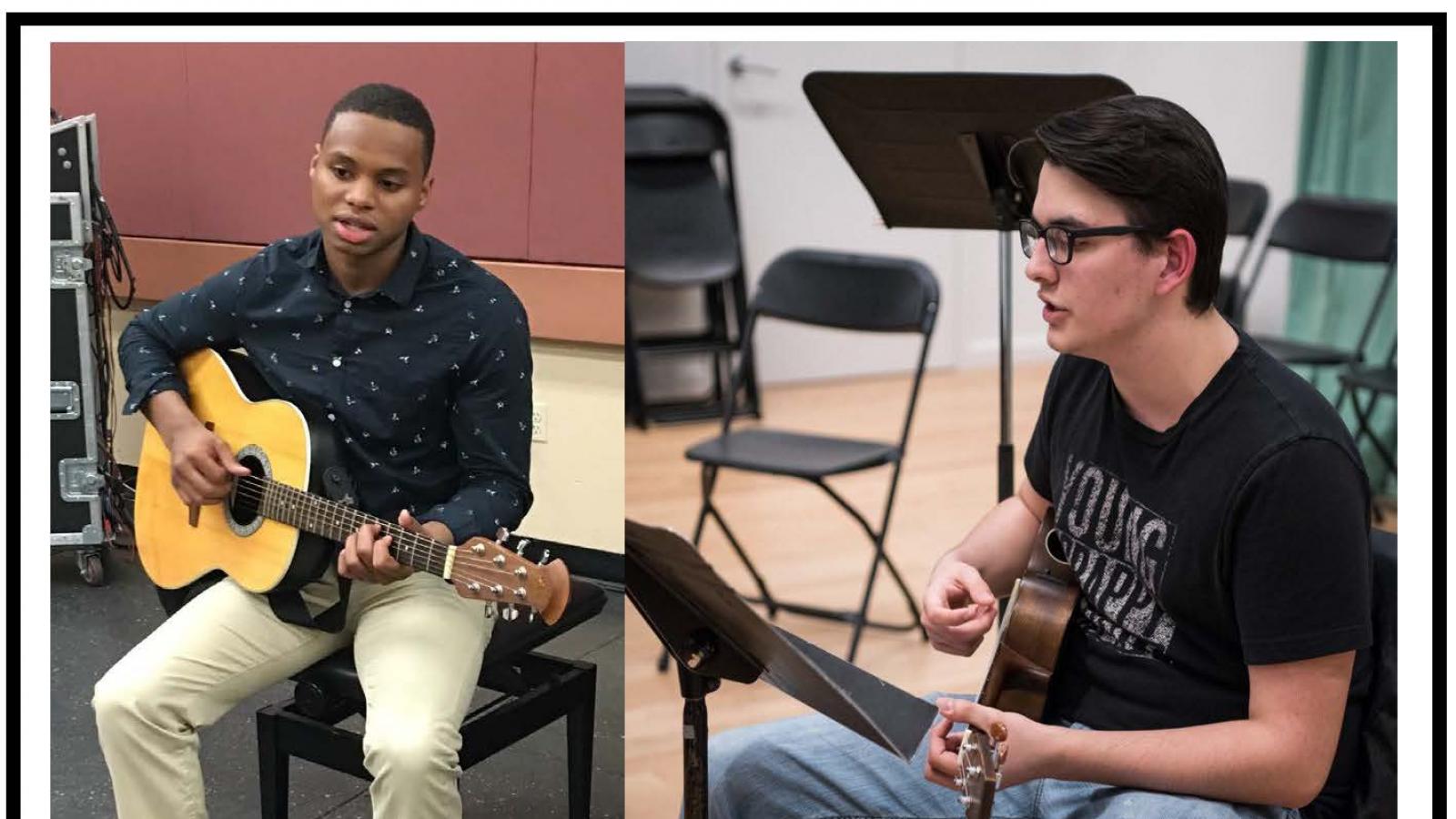 2 young men sitting by themselves with guitars